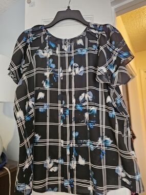 4/$25 Worthington Black Plaid Midi Dress with Blue & White Floral Accents